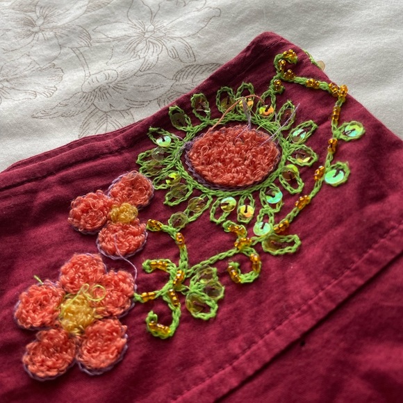 Y2K Red Sequin Embroidered Cotton Skirt Medium Fairy Ethereal Goblincore Boho - Picture 3 of 11